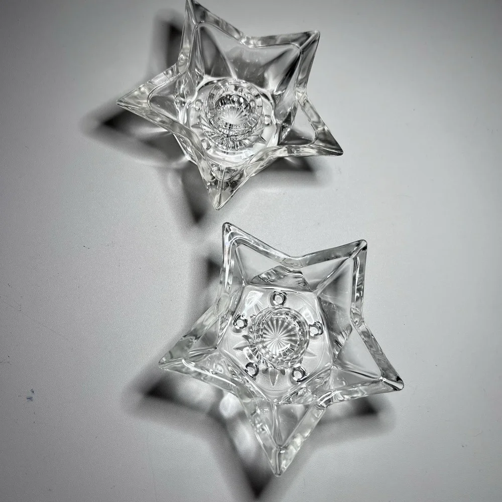 2 Vtg Clear Glass Star Shaped Candle Stick Holders Vintage